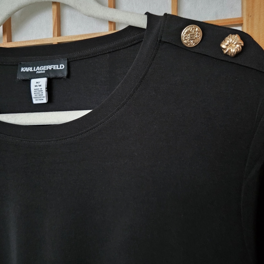 NWT WOMENS KARL LAGERFELD PARIS BLACK STRETCH POLYESTER PULLOVER BLOUSE MEDIUM - Picture 5 of 6